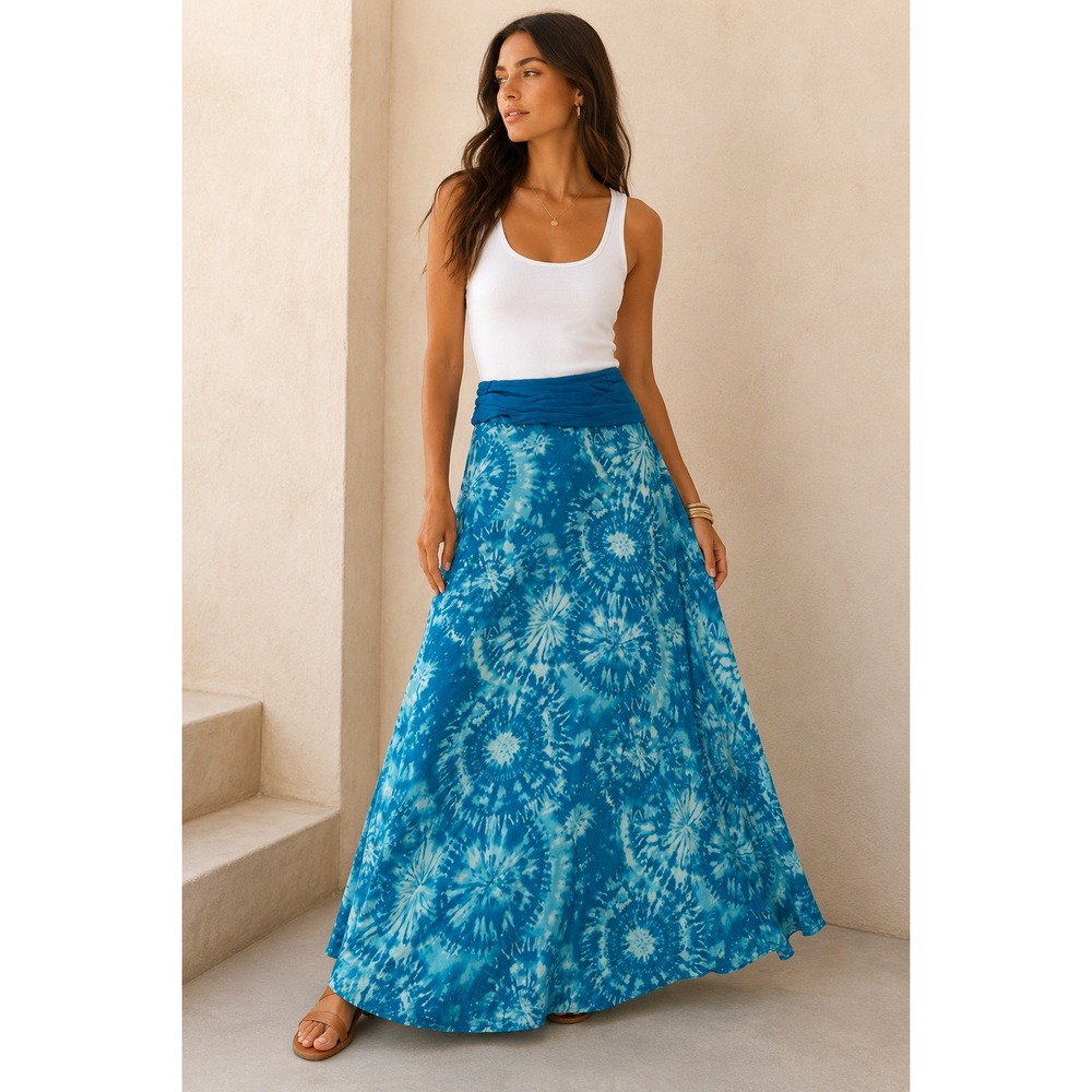 ICY Boho Blue Maxi Skirt Tie Dye Long Flowy Beach Cruise Resort Wear